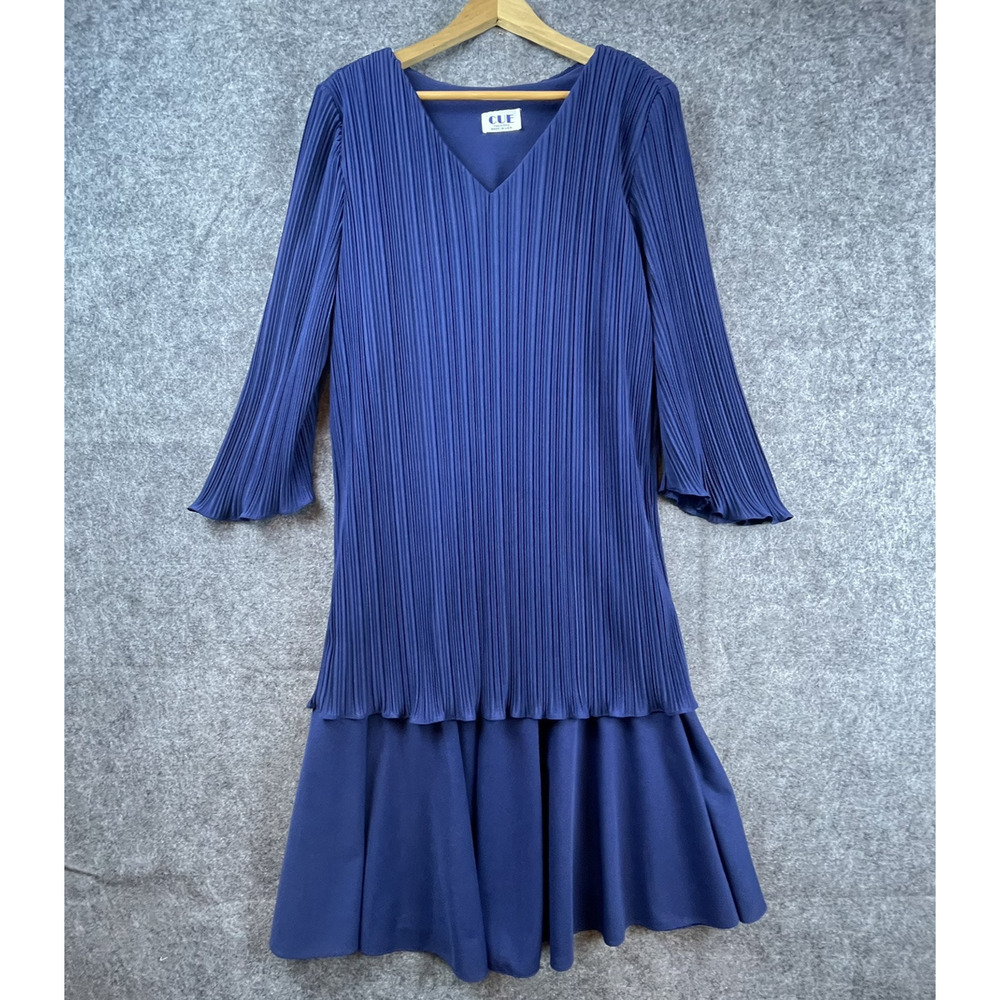 Vintage Cue Fashions Dress XL Pleated Drop Waist MOB Formal Secretary 80s